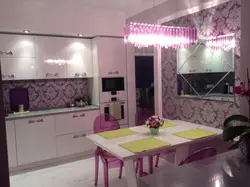 Kitchen design with pink wallpaper