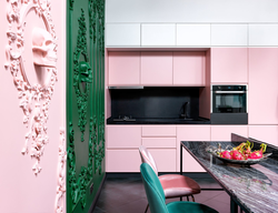 Kitchen design with pink wallpaper