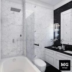 Дизайн ванной в черно белой плитке под мрамор