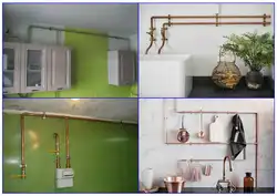Интерьер кухни с трубами на стене
