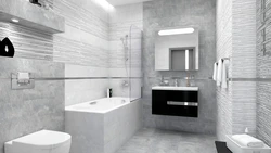 Дизайн ванны с серой плиткой на полу