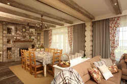 Интерьер гостиной с кухней в деревянном стиле