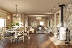 Living room interior with kitchen in wooden style