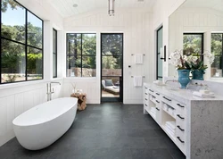 Bath design white walls gray floor