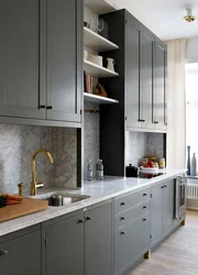 White Kitchen Gray Apron In The Interior Photo