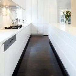 Countertops in the kitchen interior made of white gloss