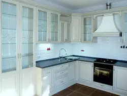 Corner kitchen design with display cabinets