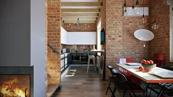 Фото интерьера кухни с красным кирпичом