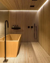 Wooden ceiling design in bathroom