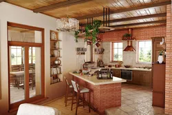 Гостиная с кухней дизайн в доме в деревенском стиле