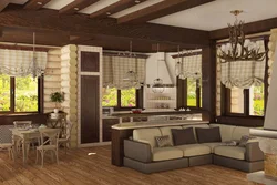 Living room with kitchen design in a rustic house