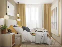 Дызайн спальні 12 кв м з двума вокнамі
