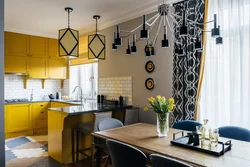 Yellow curtains in the kitchen interior photo how