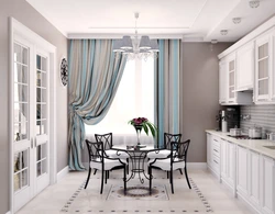 Kitchen Design In Gray Wallpaper And Curtains