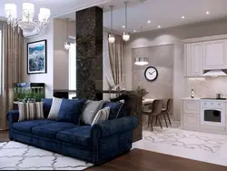Синий диван в интерьере кухни гостиной фото