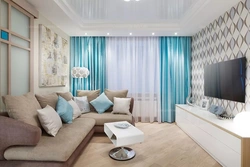 Бирюзовые шторы серый диван в интерьере гостиной