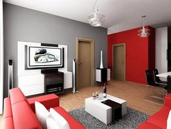 Gray-red living room interior