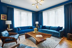 Living room interior in blue and white tones