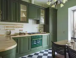 Серо зеленые обои в интерьере кухни