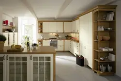 Photo of a corner kitchen with open shelves