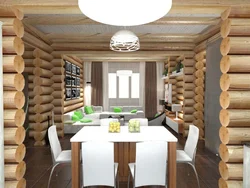 Kitchen In A Wooden House Made Of Logs Inside Photo