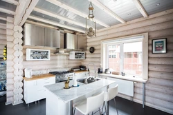 Kitchen In A Wooden House Made Of Logs Inside Photo