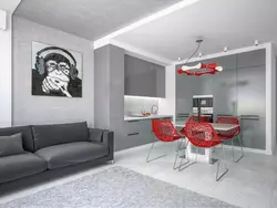 Дизайн кухни с красным диваном