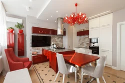 Kitchen design with red sofa