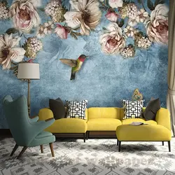 Wallpaper with birds in the living room interior