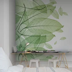 Листья на стене в интерьере спальни