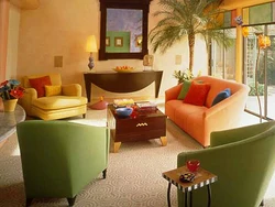 Оранжево зеленый интерьер гостиной