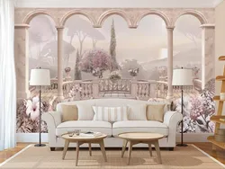 Frescoes on the wall in the living room interior above the sofa