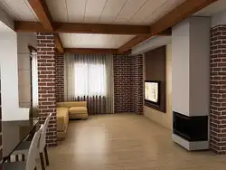 Дизайн гостиной кирпич и дерево