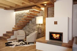 Living room design with stairs and fireplace