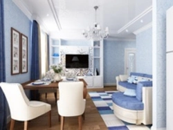 Living room kitchen design in blue tones