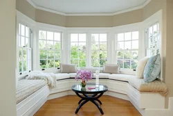 Bay windows in the living room photo in a modern style