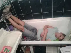 Leonov sleeping in the bathroom photo