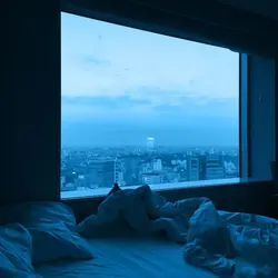 Photo of a bedroom at night with a window