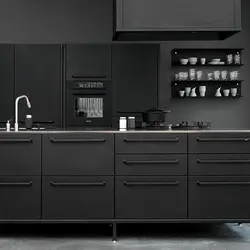 Gray kitchen with black handles photo