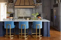 Gray kitchen with blue chairs photo