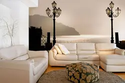 Photo wallpaper above the sofa in the living room photo