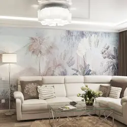 Photo wallpaper above the sofa in the living room photo