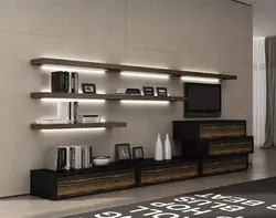 Wall of shelves in the living room photo