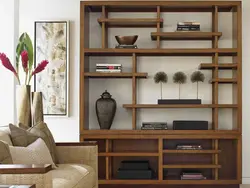 Wall of shelves in the living room photo