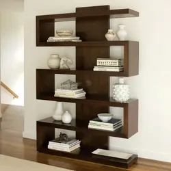 Wall of shelves in the living room photo