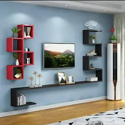 Wall of shelves in the living room photo