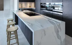 Ошхона хокистарӣ бо акс countertop мармар