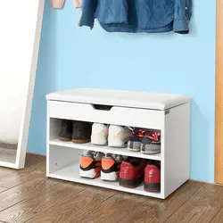 DIY shoe rack in the hallway with a seat photo