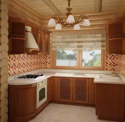 Терезе фотосы бар ағаш үйдегі бұрыштық асүйлер