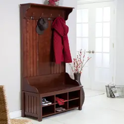 Hallway closet with shoe rack, hanger and seat photo